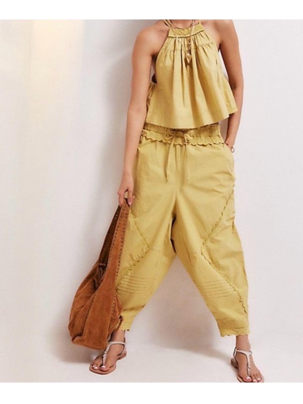 Free People Mustard Halter Crop Top & Wide-Leg Pants Set